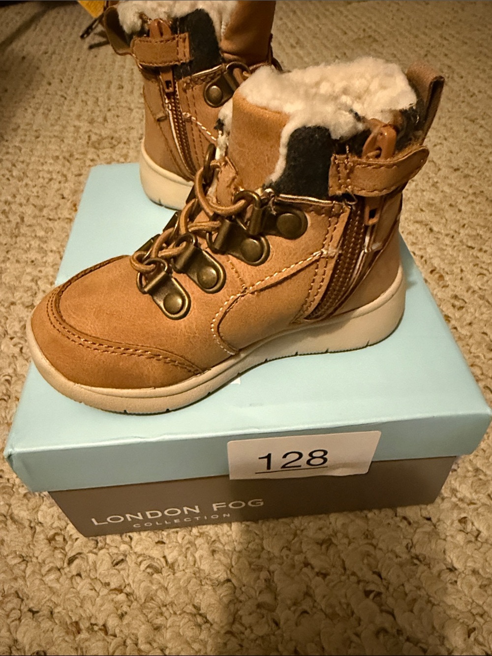 London Fog Kids Tan Faux-Fur Collar Lace-Up Winter Boots